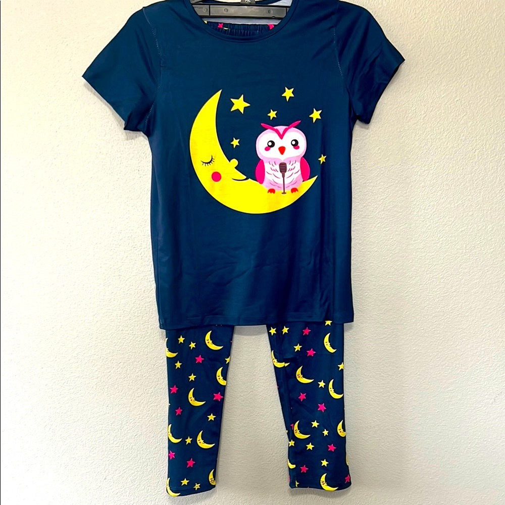 Kids Pajamas Set with Owl and Moon Design 3 Piece Top/bottoms/Shorts sz 13-14 yr